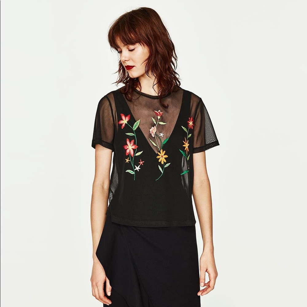 Zara Sheer Mesh Embroidered Floral Top